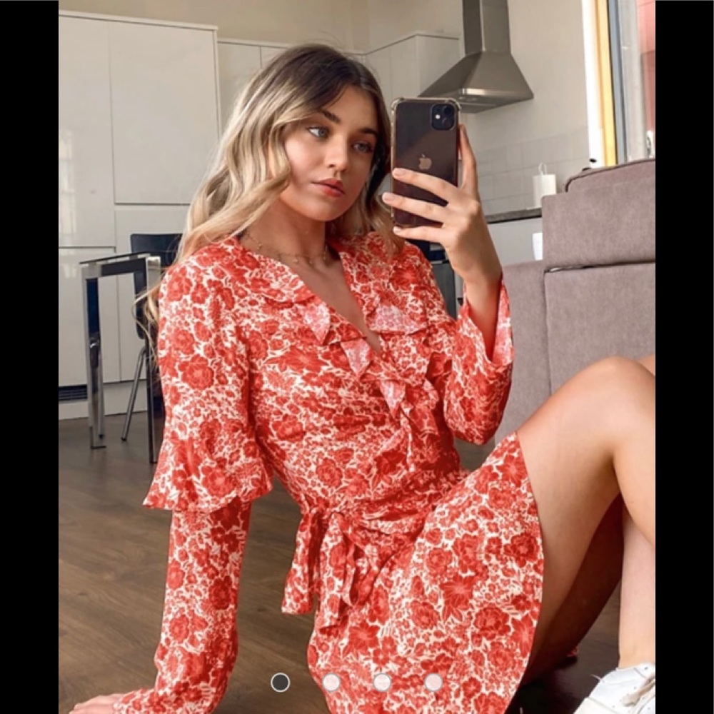 Topshop Print Ruffle Wrap Mini Dress US6